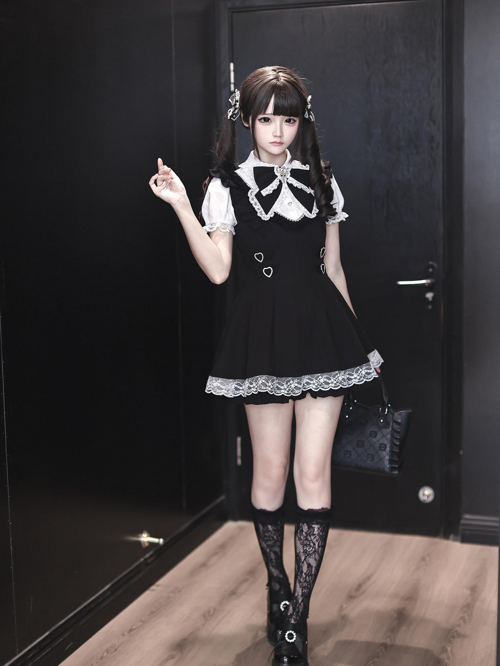 Ekomi Black White Doll Collar A Line Short Sleeve Women's Lace Jsk Sets
