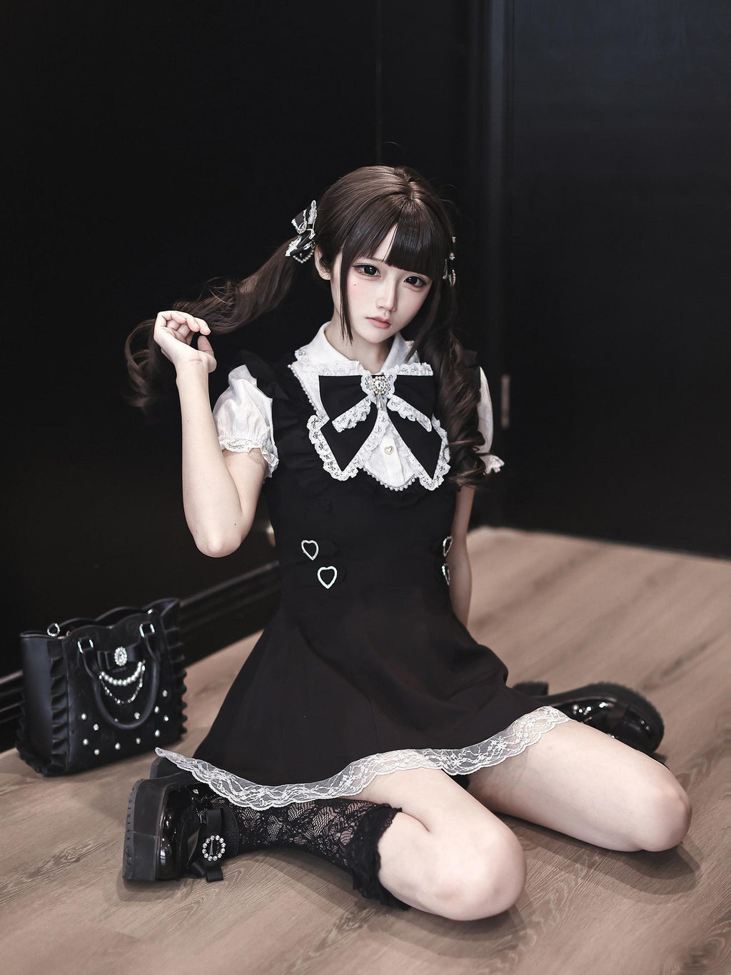 Ekomi Black White Doll Collar A Line Short Sleeve Women's Lace Jsk Sets
