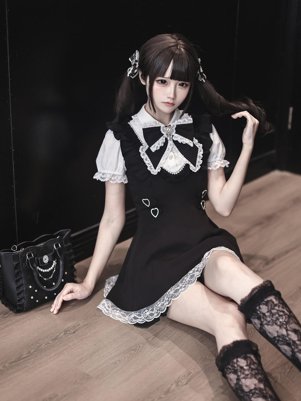 Ekomi Black White Doll Collar A Line Short Sleeve Women's Lace Jsk Sets
