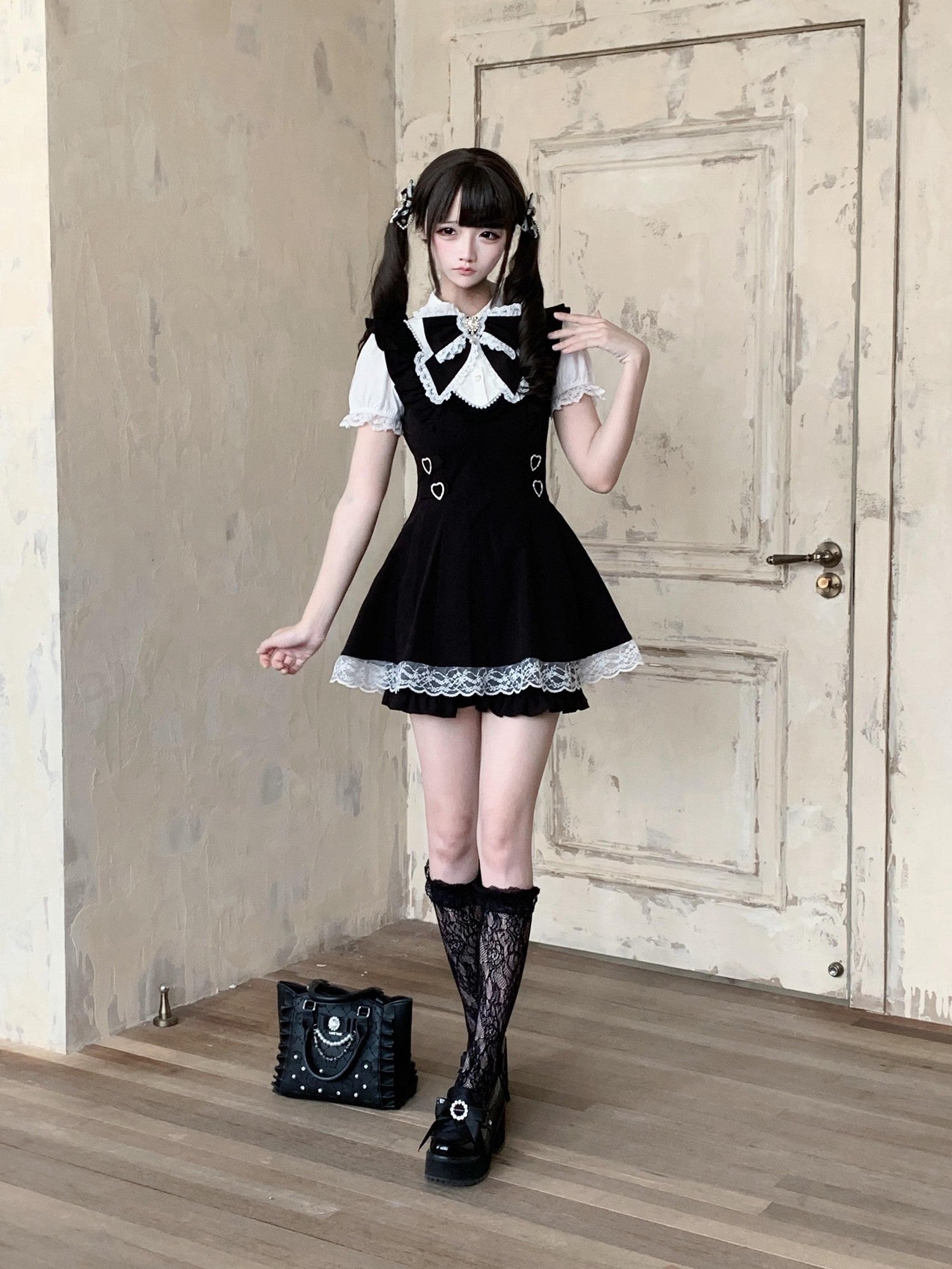 Ekomi Black White Doll Collar A Line Short Sleeve Women's Lace Jsk Sets