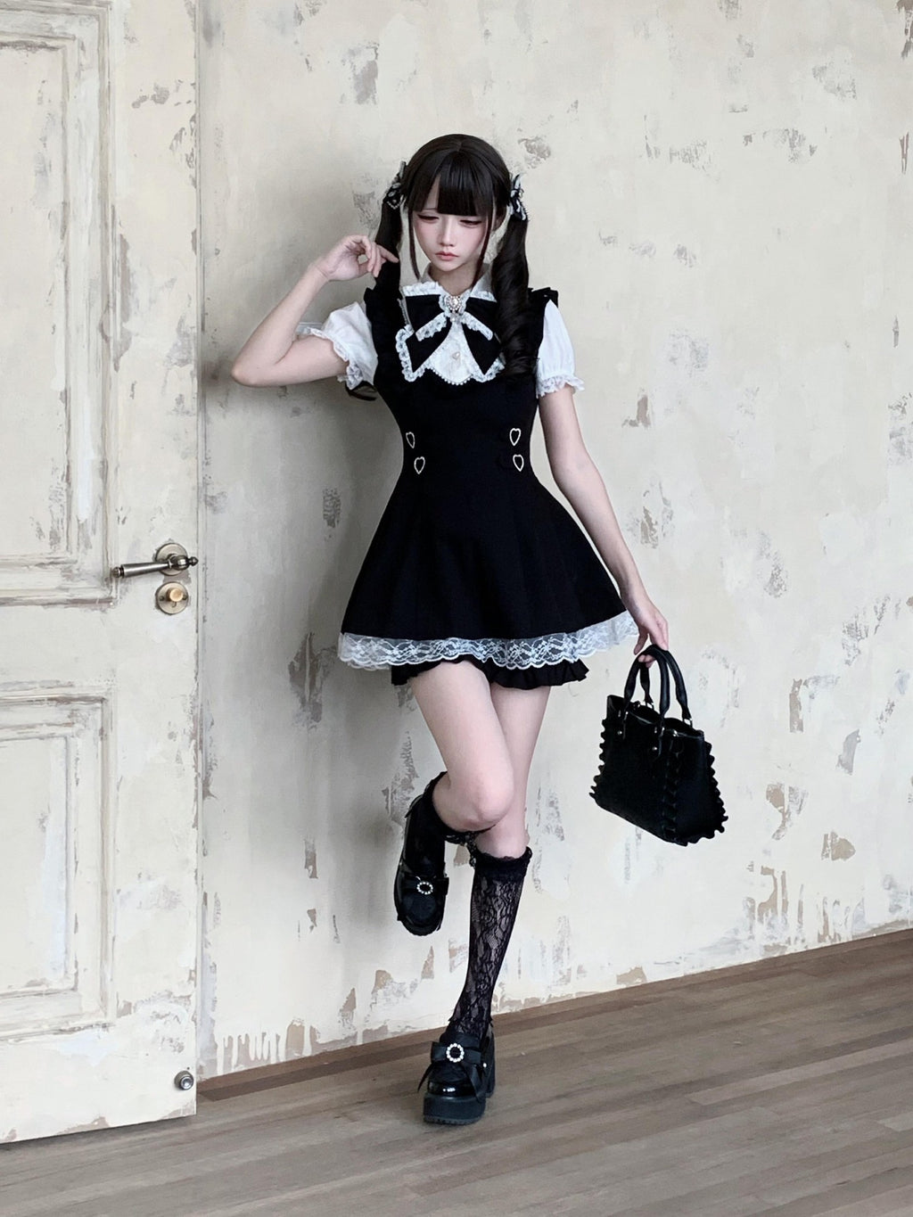 Ekomi Black White Doll Collar A Line Short Sleeve Women's Lace Jsk Sets