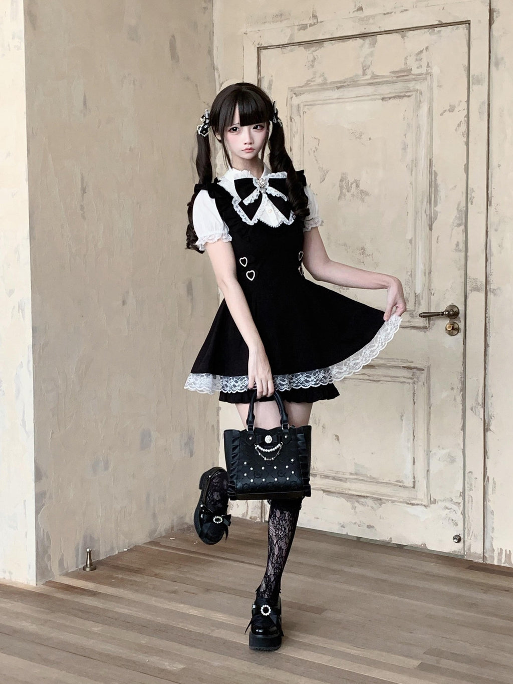 Ekomi Black White Doll Collar A Line Short Sleeve Women's Lace Jsk Sets