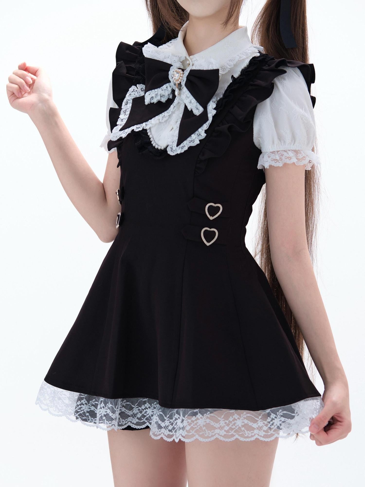 Ekomi Black White Doll Collar A Line Short Sleeve Women's Lace Jsk Sets