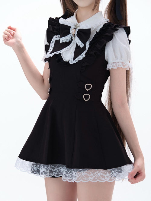 Ekomi Black White Doll Collar A Line Short Sleeve Women's Lace Jsk Sets