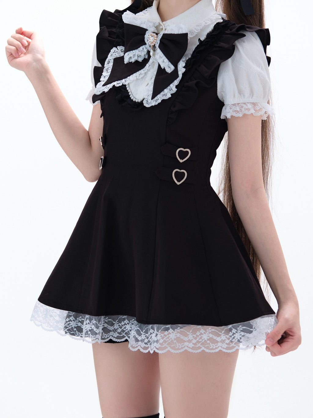 Ekomi Black White Doll Collar A Line Short Sleeve Women's Lace Jsk Sets