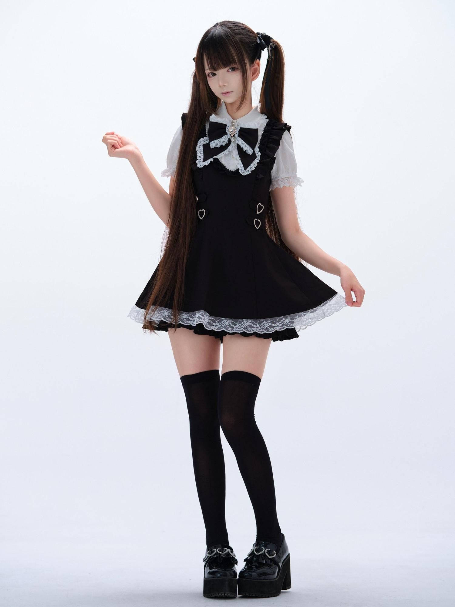 Ekomi Black White Doll Collar A Line Short Sleeve Women's Lace Jsk Sets