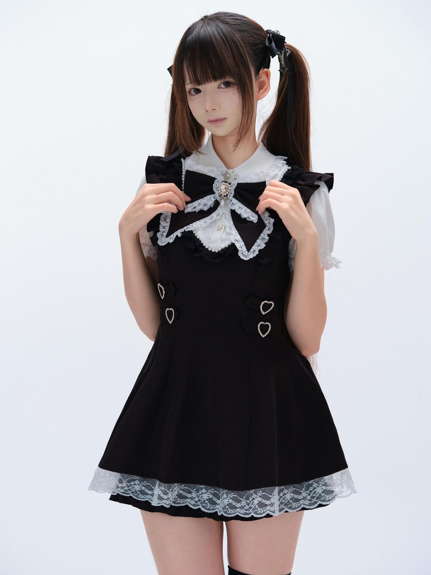 Ekomi Black White Doll Collar A Line Short Sleeve Women's Lace Jsk Sets