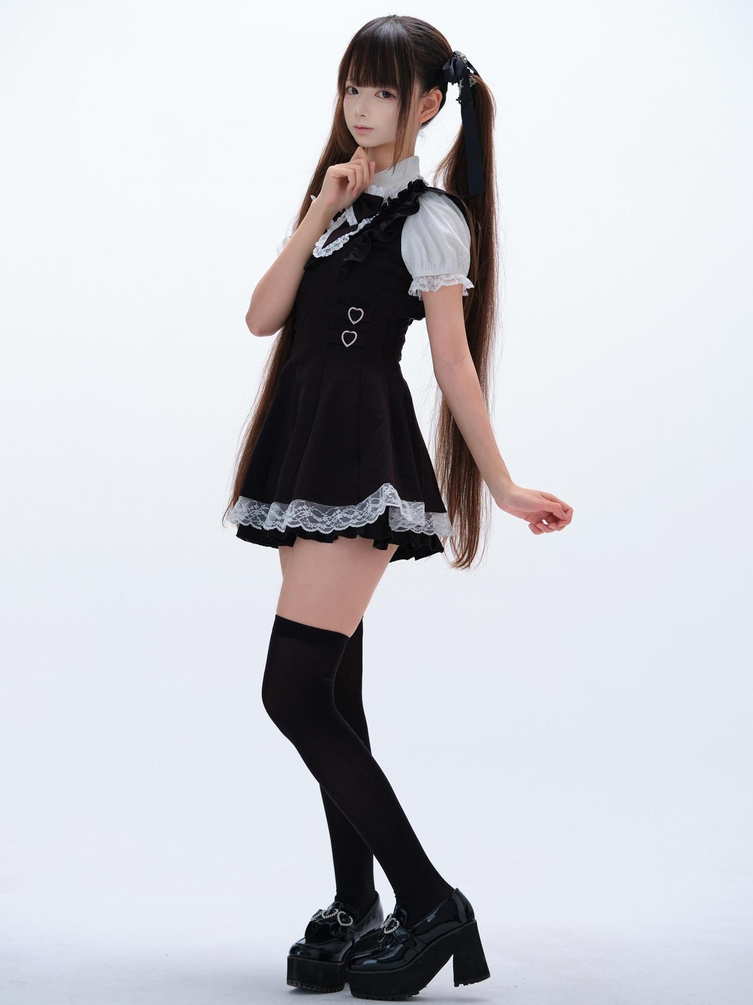 Ekomi Black White Doll Collar A Line Short Sleeve Women's Lace Jsk Sets