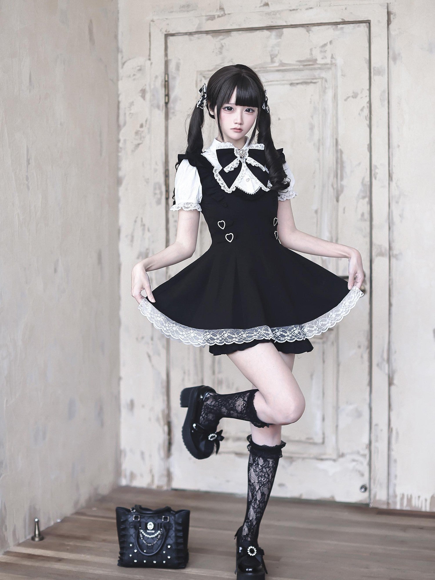 Ekomi Black White Doll Collar A Line Short Sleeve Women's Lace Jsk Sets