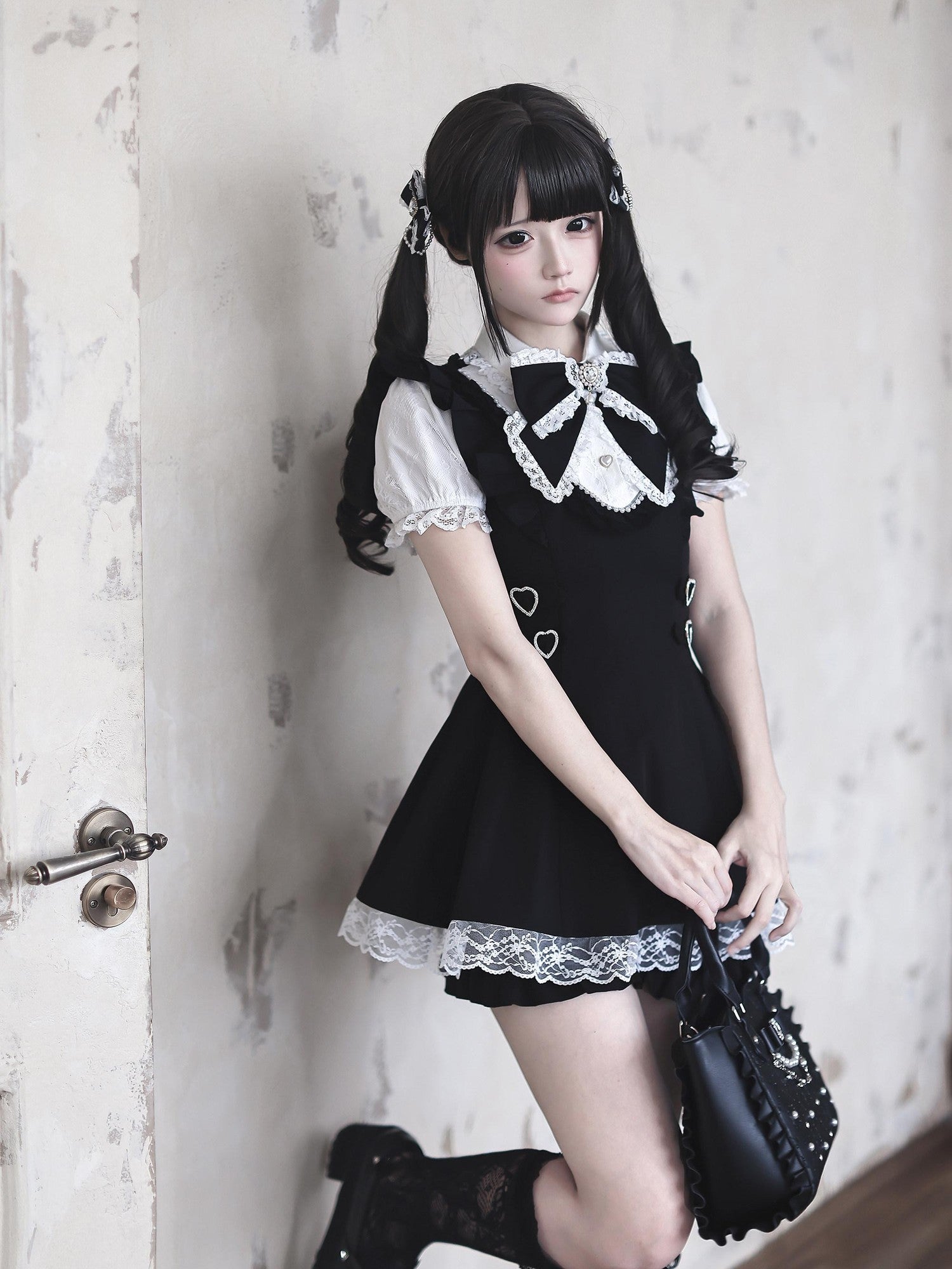 Ekomi Black White Doll Collar A Line Short Sleeve Women's Lace Jsk Sets