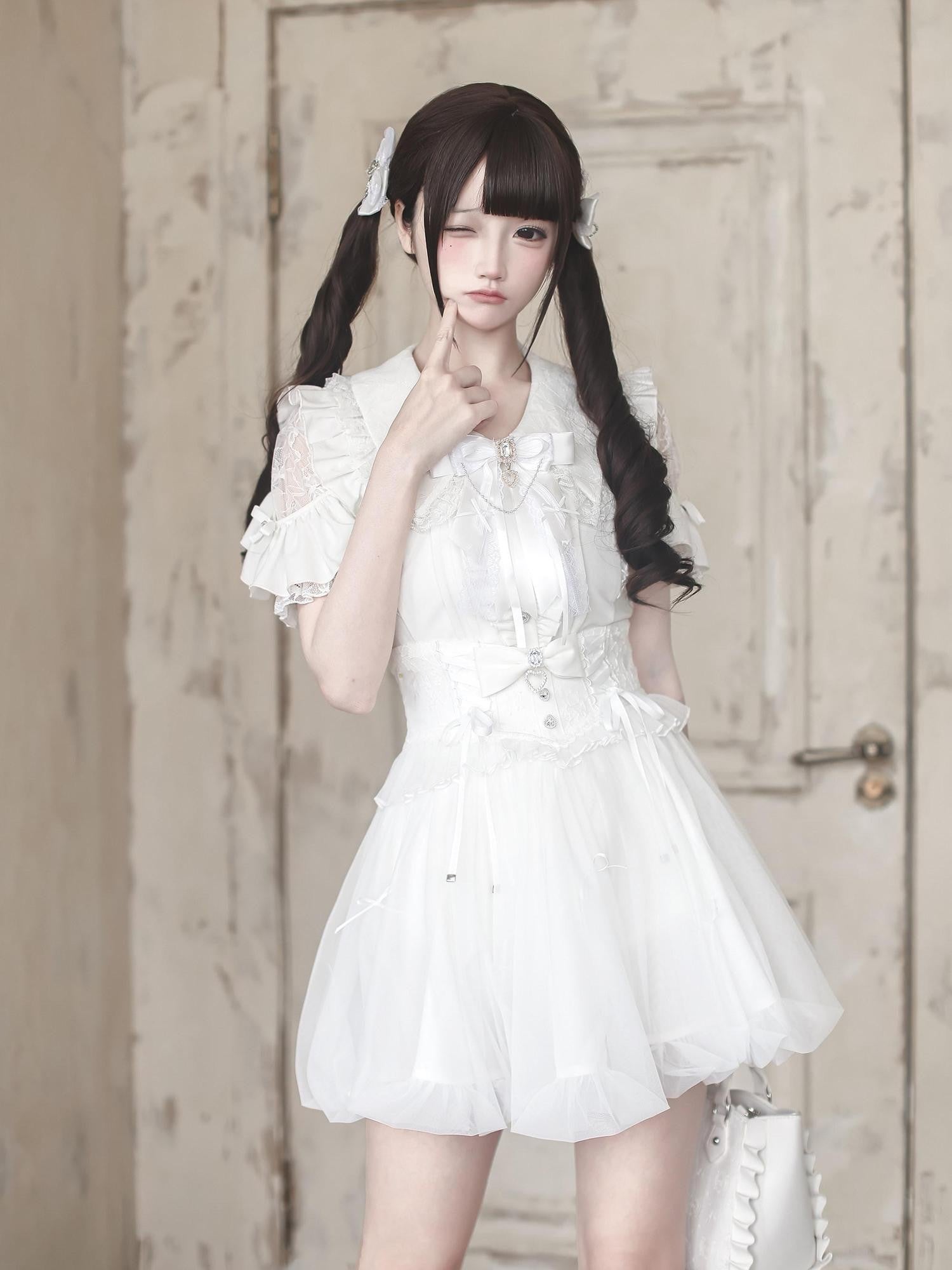 Ekomi Black White Satin Ribbon Puff Skirt Bow Round Neck Women's Lace Short Sleeve Op