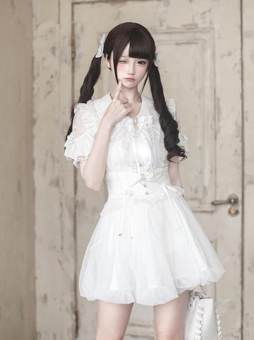 Ekomi Black White Satin Ribbon Puff Skirt Bow Round Neck Women's Lace Short Sleeve Op