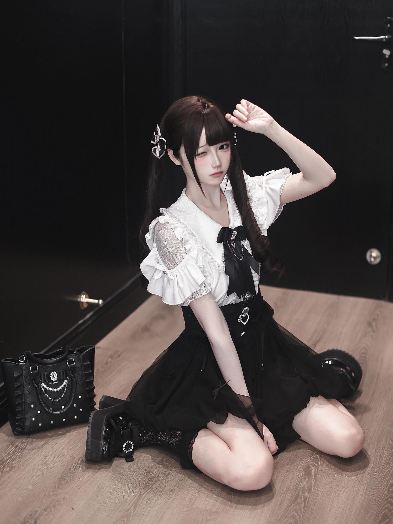 Ekomi Black White Satin Ribbon Puff Skirt Bow Round Neck Women's Lace Short Sleeve Op