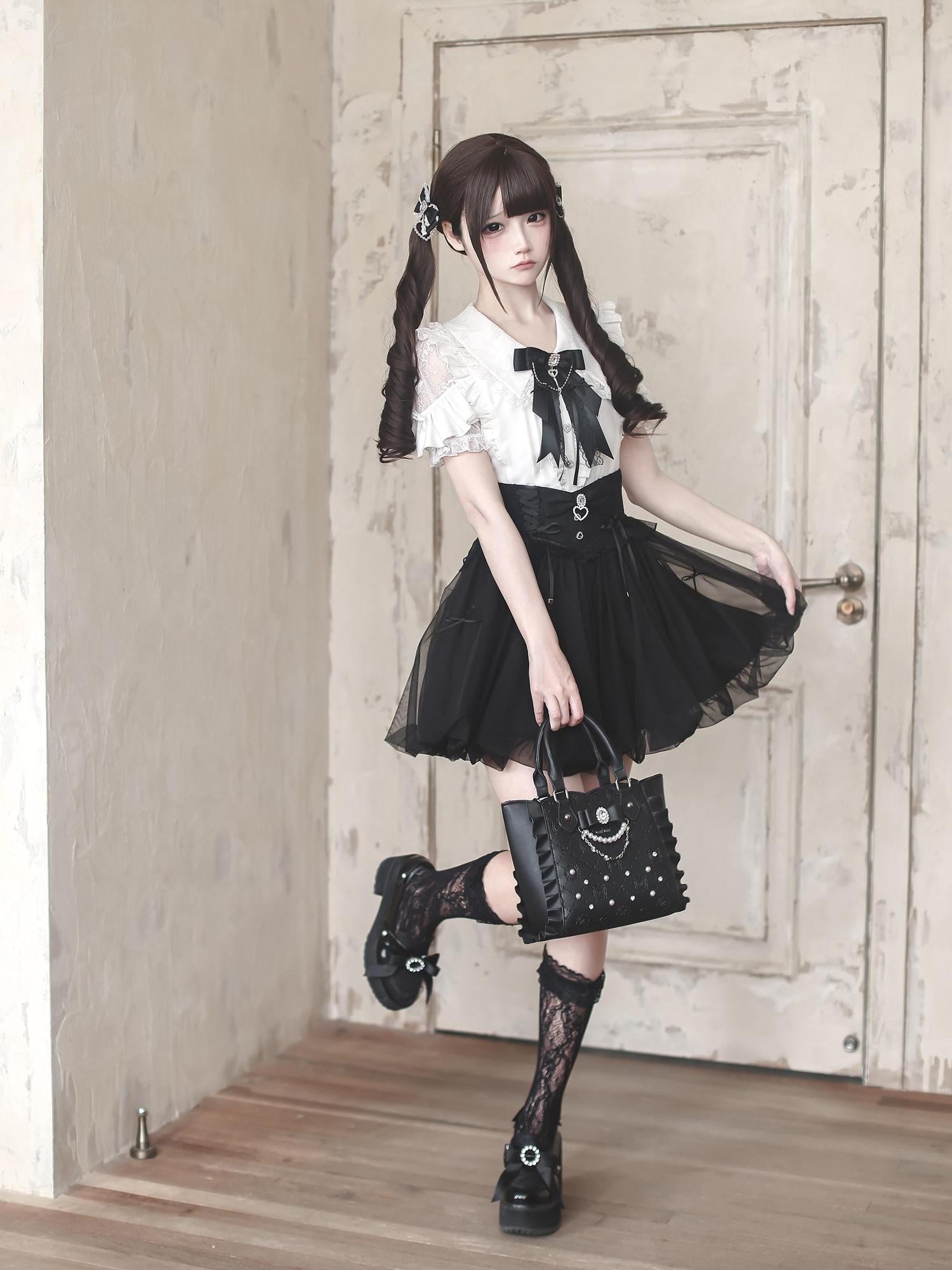 Ekomi Black White Satin Ribbon Puff Skirt Bow Round Neck Women's Lace Short Sleeve Op