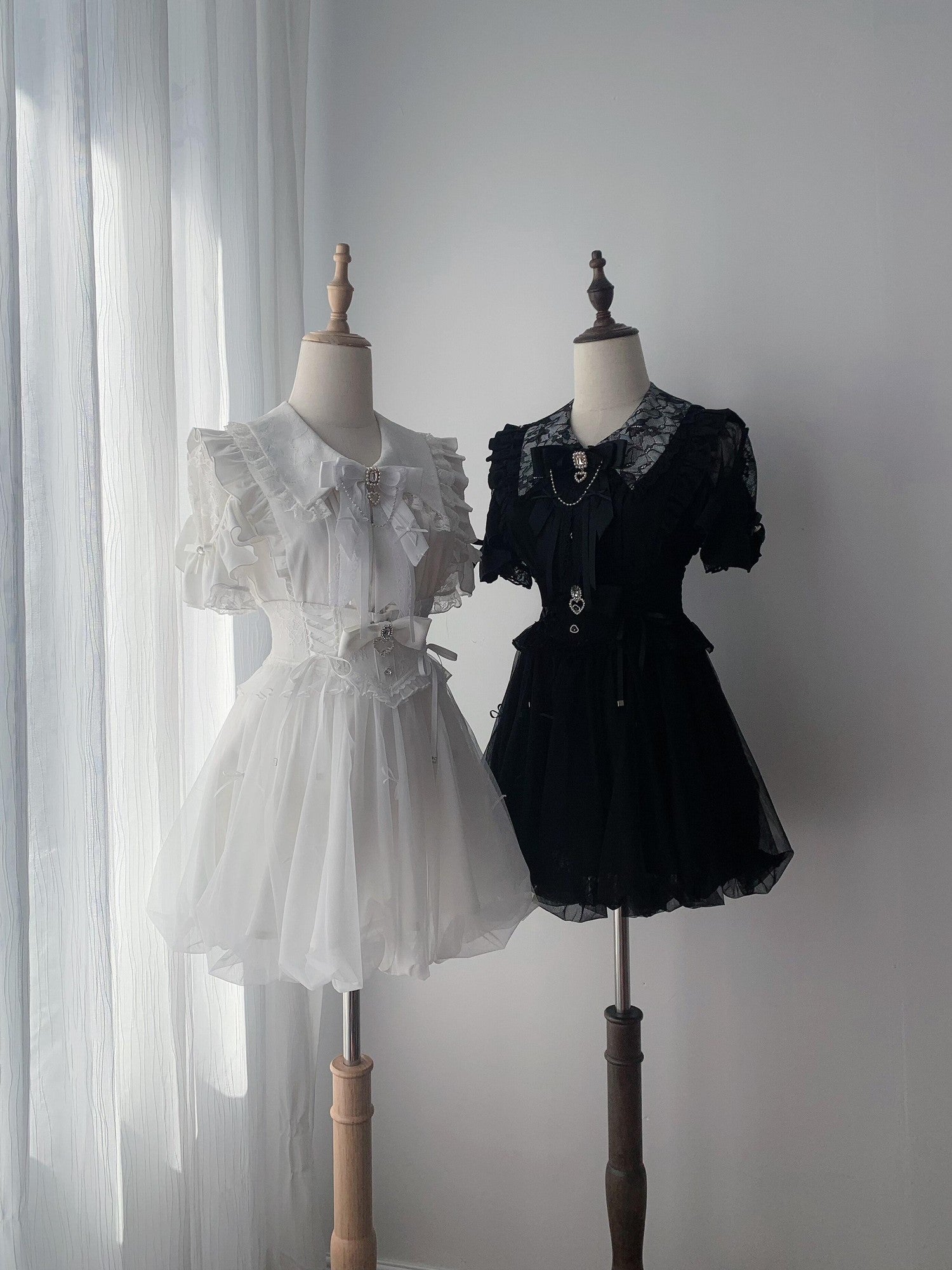 Ekomi Black White Satin Ribbon Puff Skirt Bow Round Neck Women's Lace Short Sleeve Op