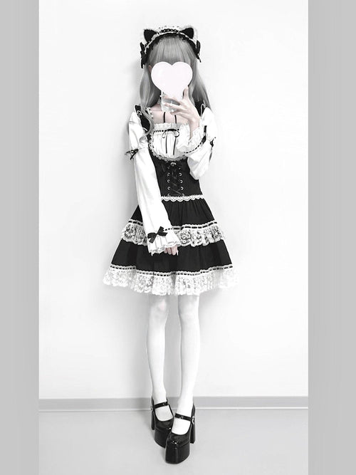 Ekomi Black White Square Neck Lace Princess Choker Bow Women's Long Sleeve Op