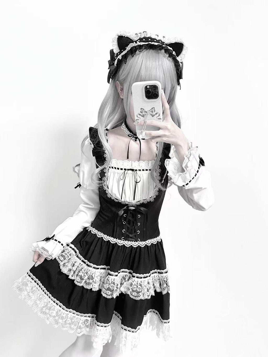 Ekomi Black White Square Neck Lace Princess Choker Bow Women's Long Sleeve Op