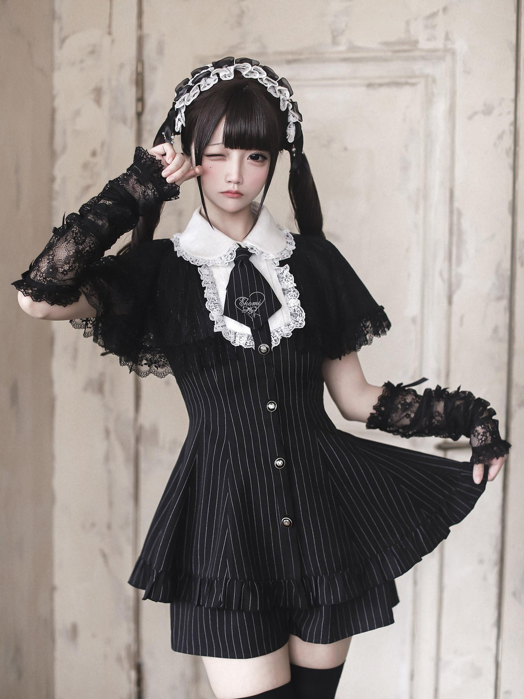 Ekomi Butterfly Bow Striped A Line Round Neck Slim Fit Women's Lace Short Sleeve Op