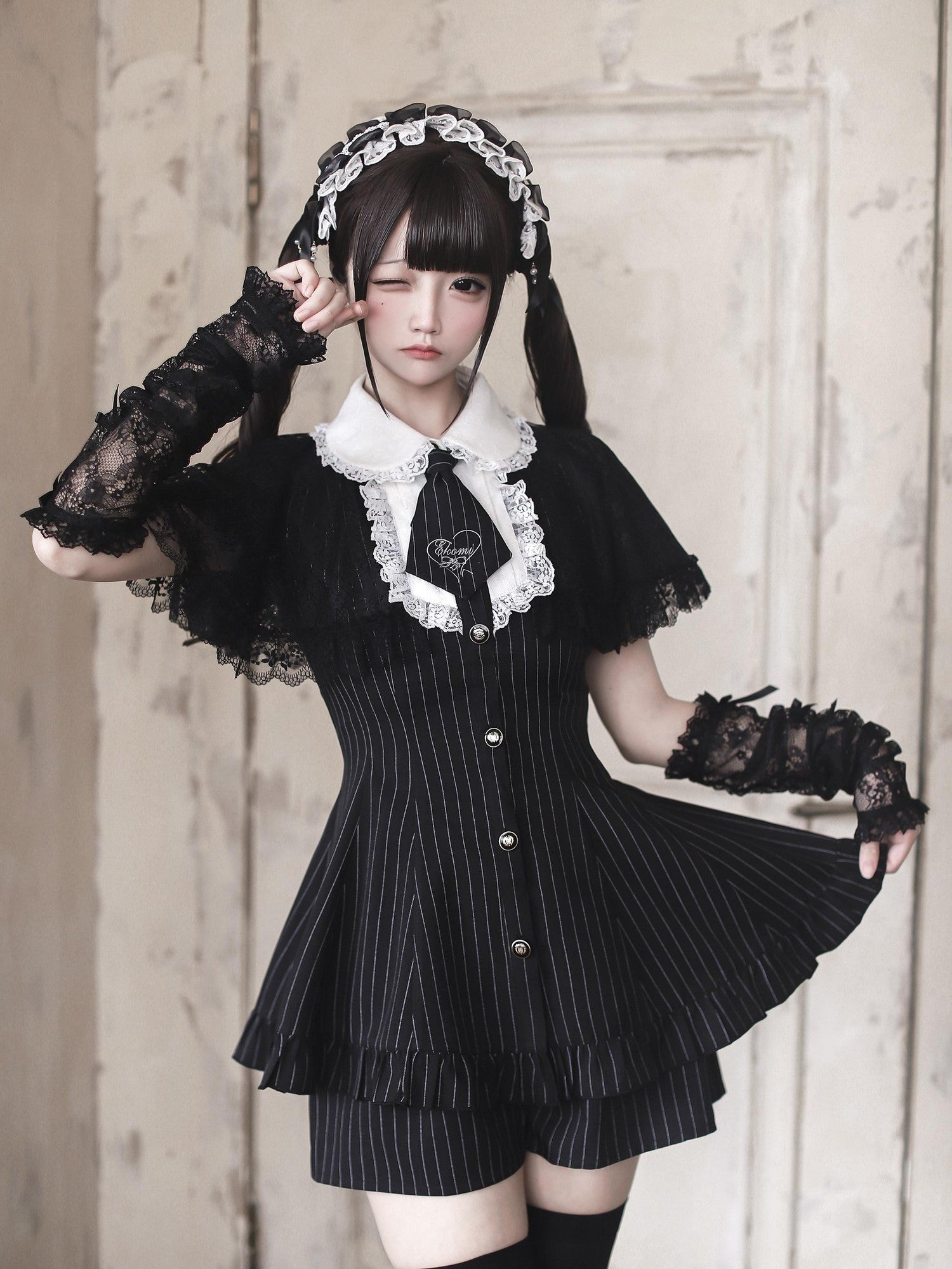 Ekomi Butterfly Bow Striped A Line Round Neck Slim Fit Women's Lace Short Sleeve Op