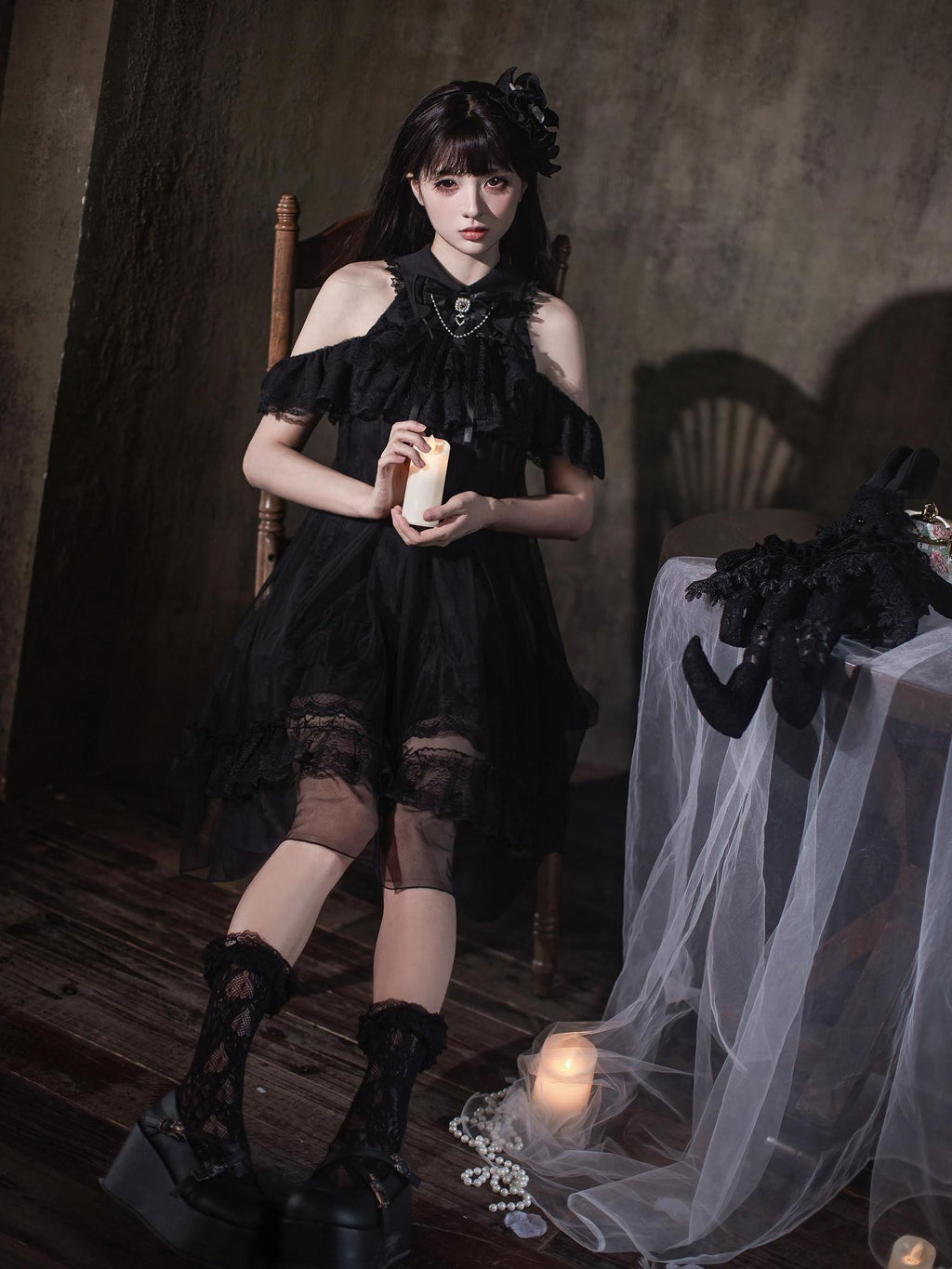 Ekomi Dream Angel Gothic Off Shoulder Lace Black Tulle Women's Jsk / Jumper Skirts