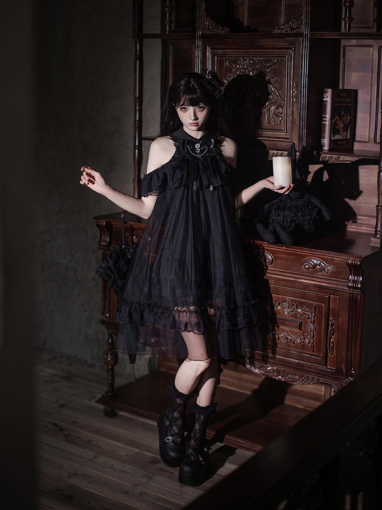 Ekomi Dream Angel Gothic Off Shoulder Lace Black Tulle Women's Jsk / Jumper Skirts
