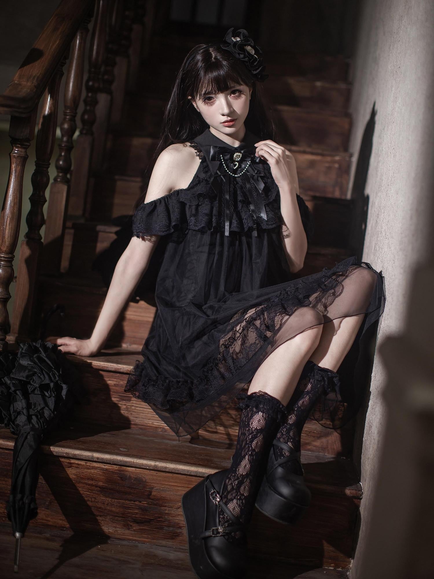 Ekomi Dream Angel Gothic Off Shoulder Lace Black Tulle Women's Jsk / Jumper Skirts