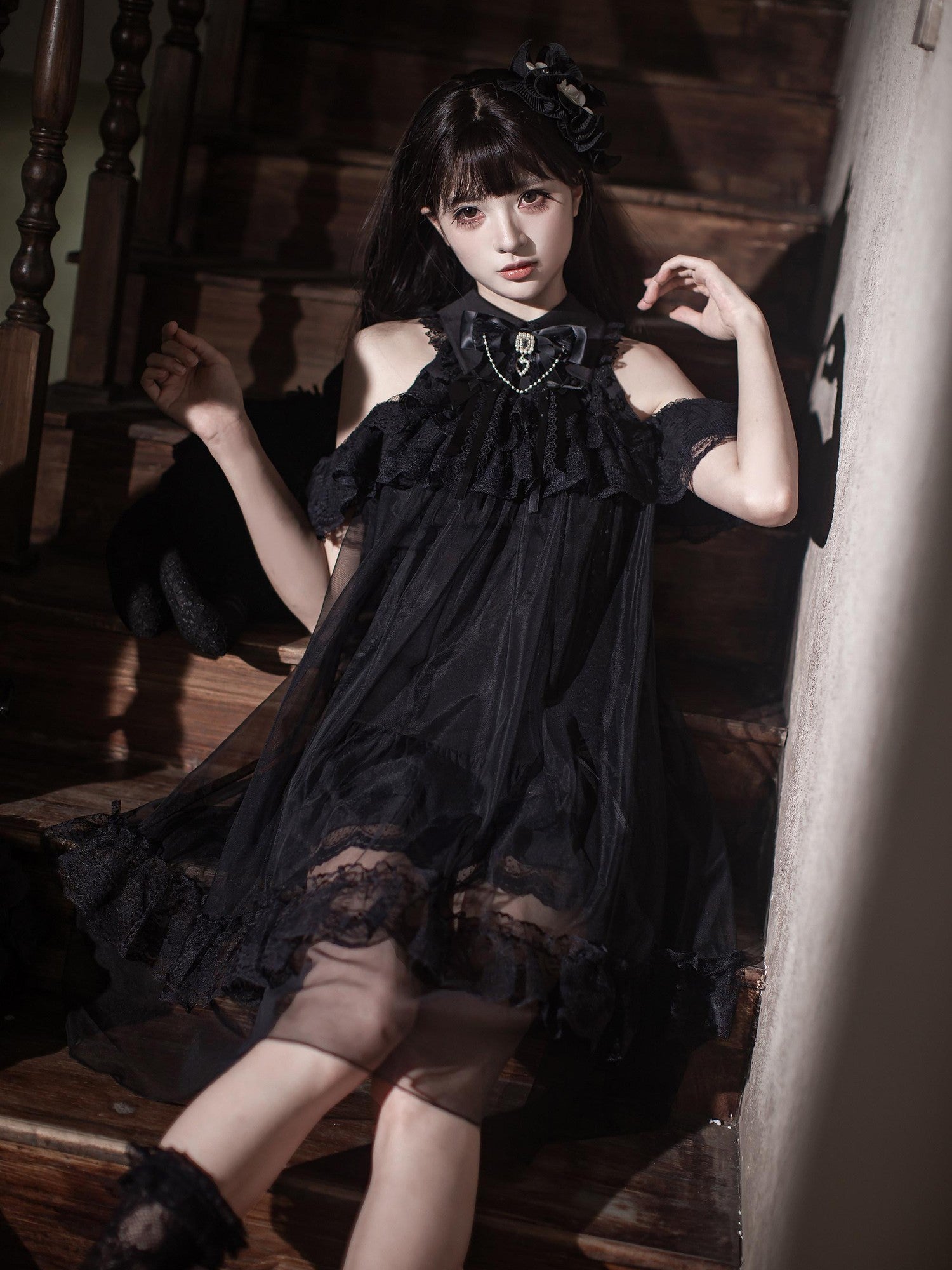 Ekomi Dream Angel Gothic Off Shoulder Lace Black Tulle Women's Jsk / Jumper Skirts