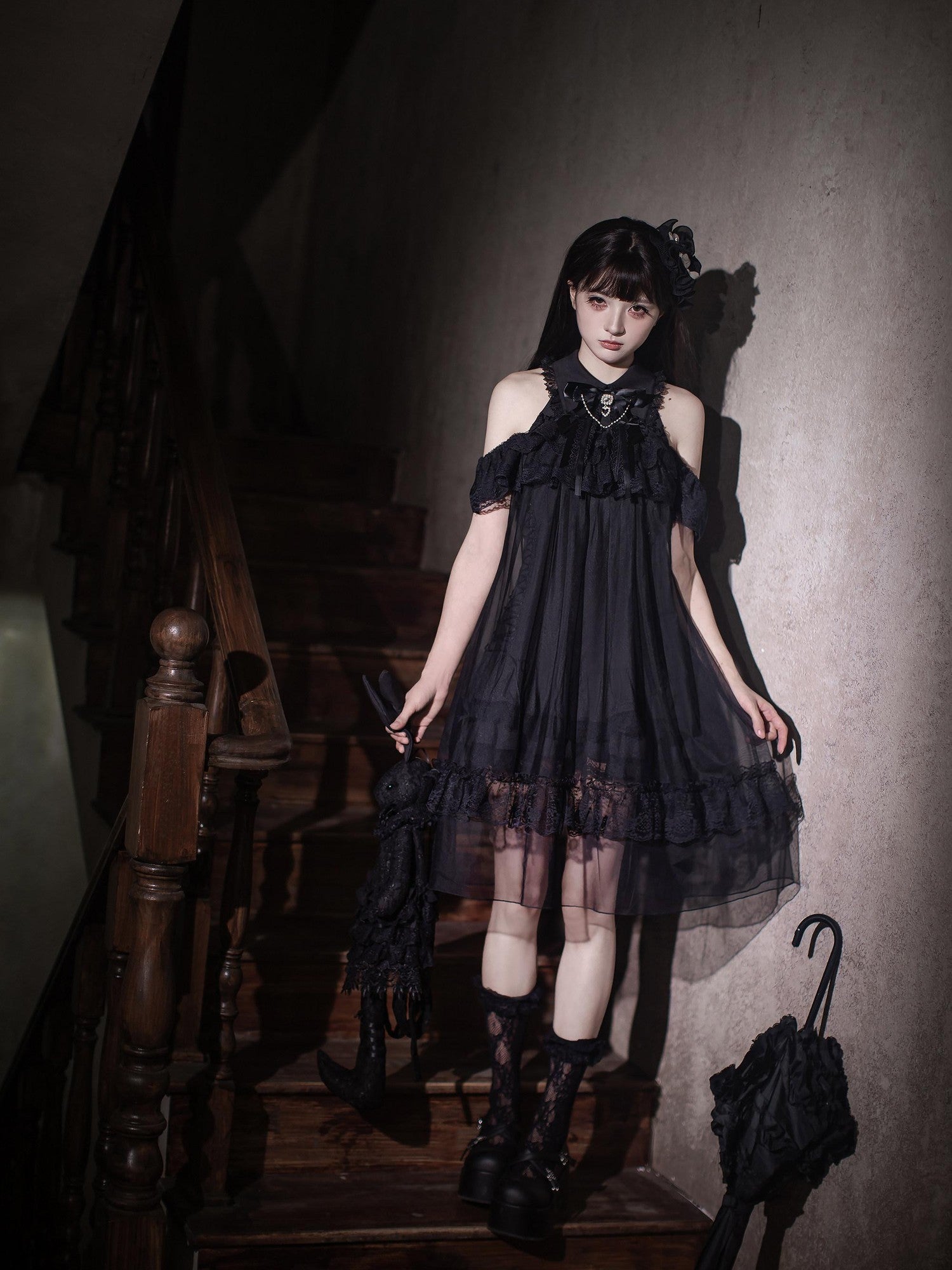 Ekomi Dream Angel Gothic Off Shoulder Lace Black Tulle Women's Jsk / Jumper Skirts