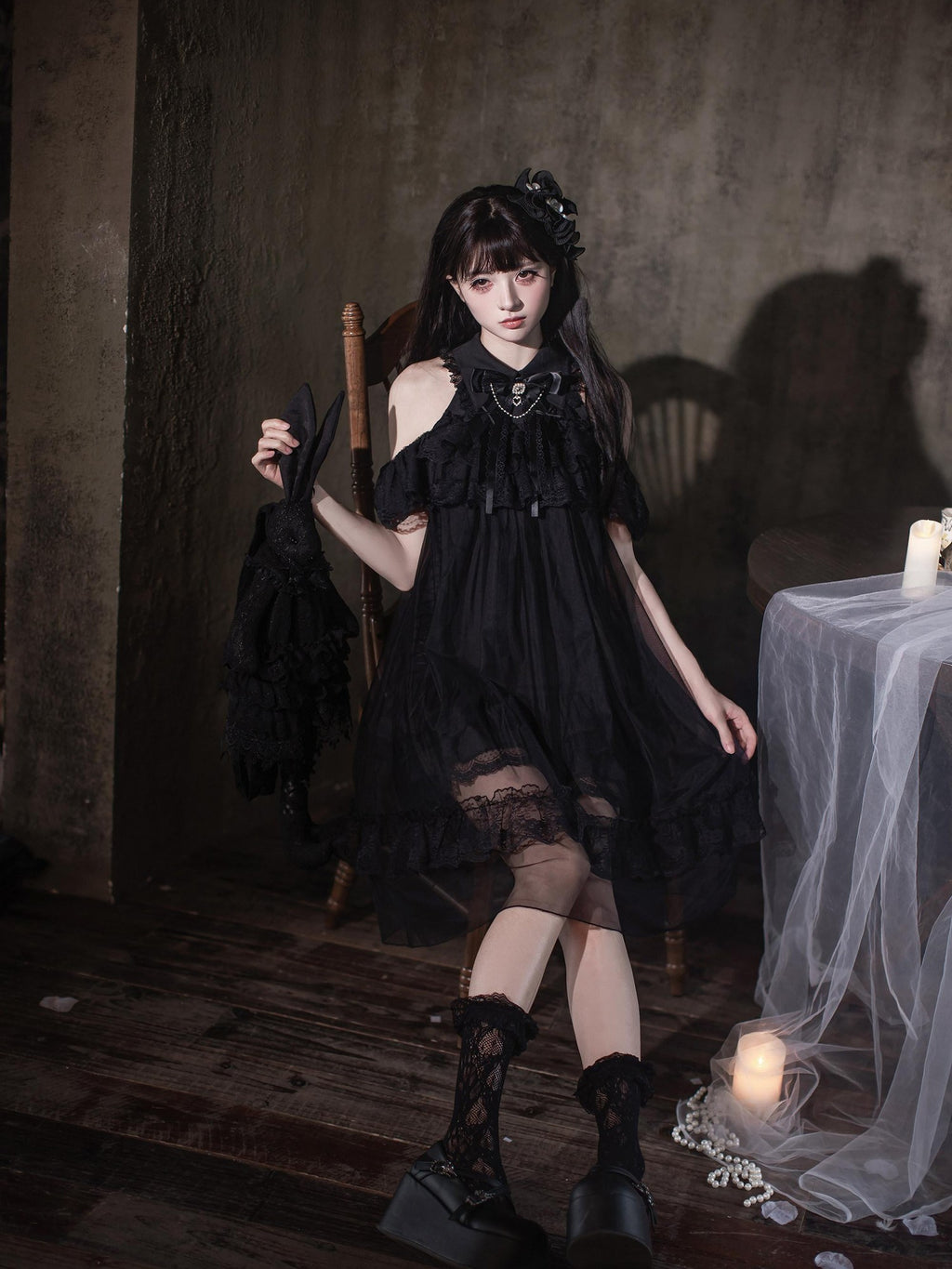 Ekomi Dream Angel Gothic Off Shoulder Lace Black Tulle Women's Jsk / Jumper Skirts