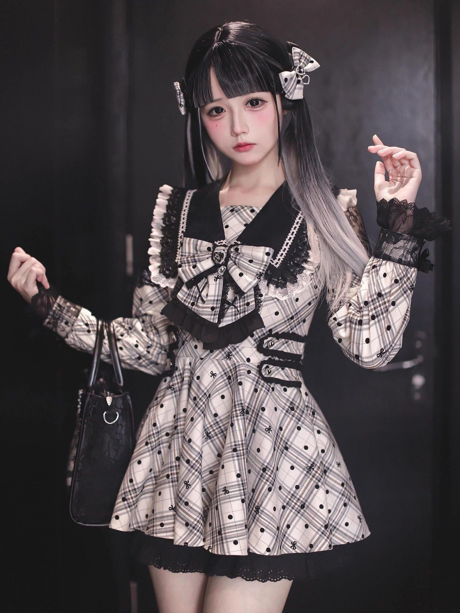 Ekomi Dreamlike Bow Polka Dot Plaid Subculture Women's Lace Long Sleeve Op