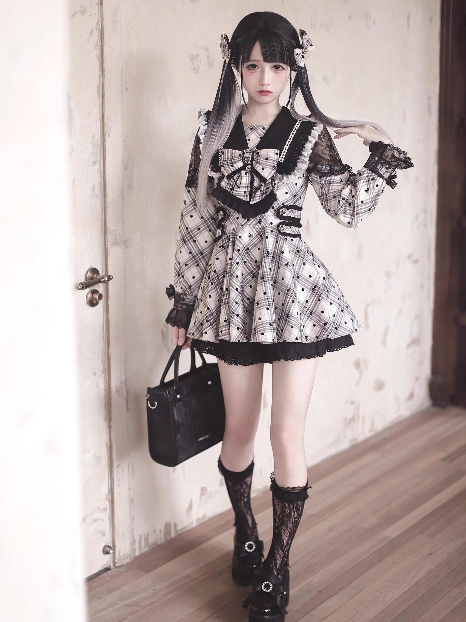 Ekomi Dreamlike Bow Polka Dot Plaid Subculture Women's Lace Long Sleeve Op