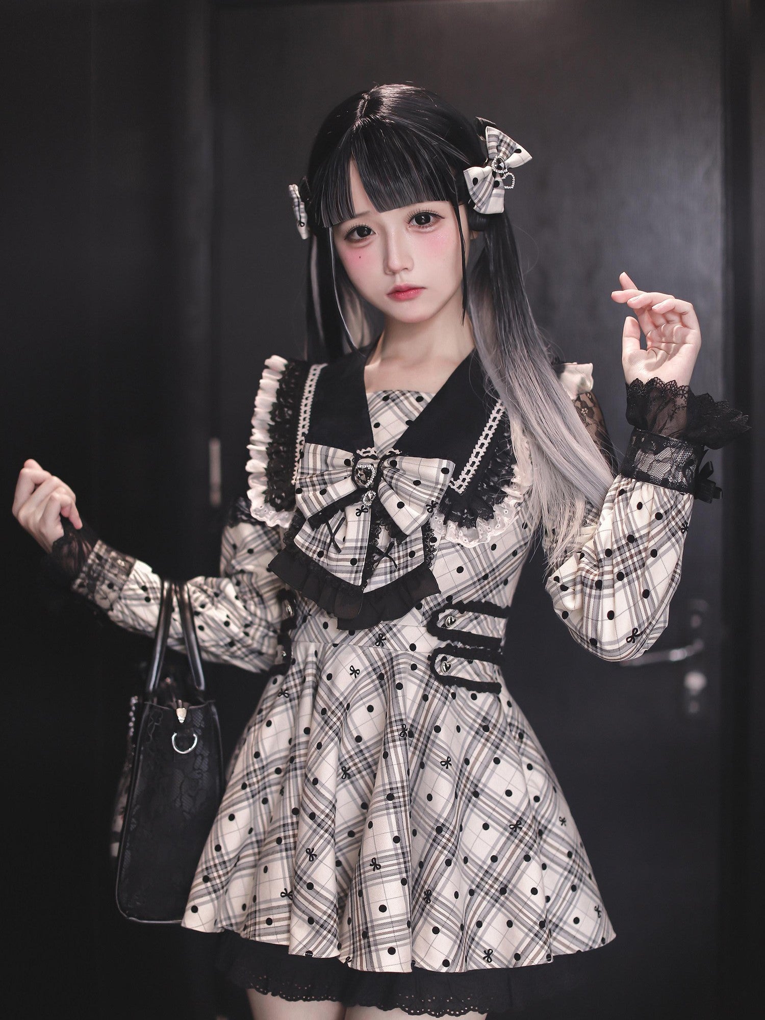 Ekomi Dreamlike Bow Polka Dot Plaid Subculture Women's Lace Long Sleeve Op