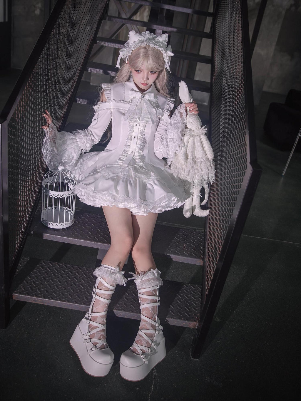 Ekomi Gothic Hime Sleeve A Line Women's White Satin Ribbon Bow Skirt Sets