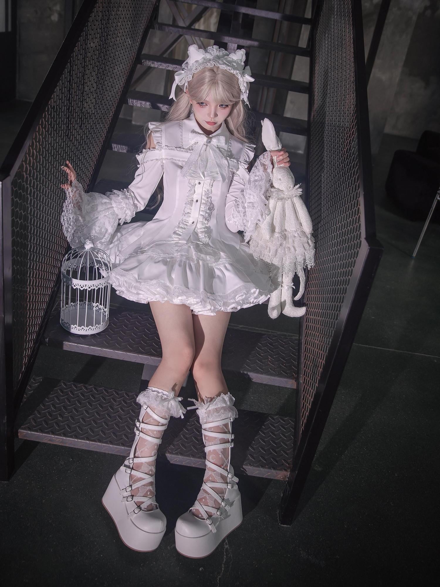 Ekomi Gothic Hime Sleeve A Line Women's White Satin Ribbon Bow Skirt Sets