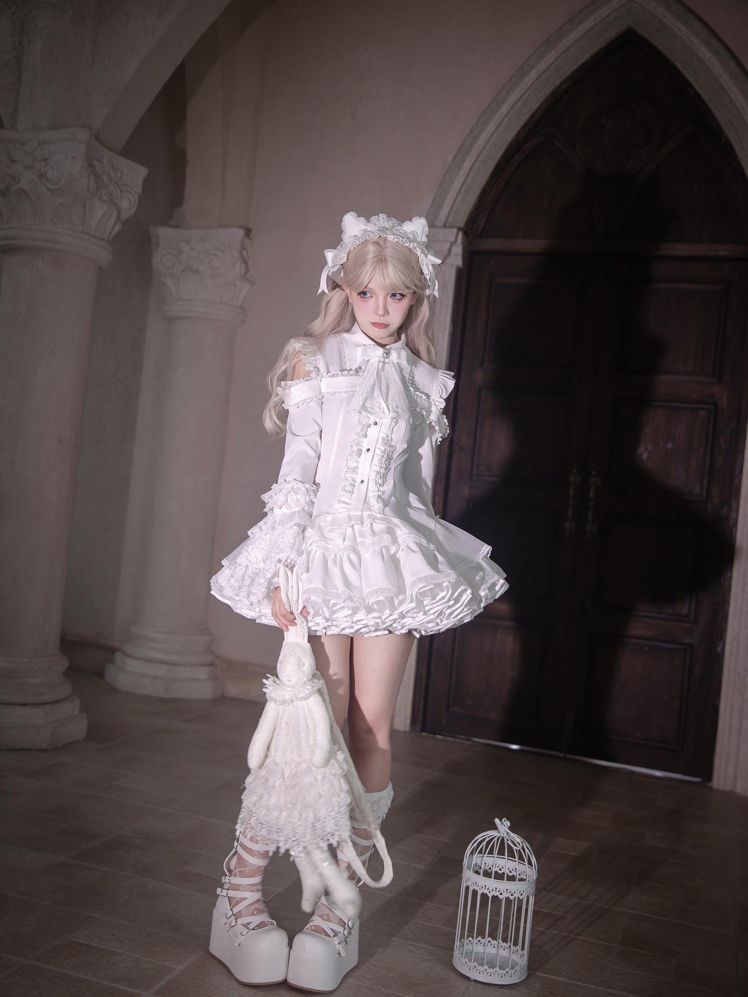 Ekomi Gothic Hime Sleeve A Line Women's White Satin Ribbon Bow Skirt Sets