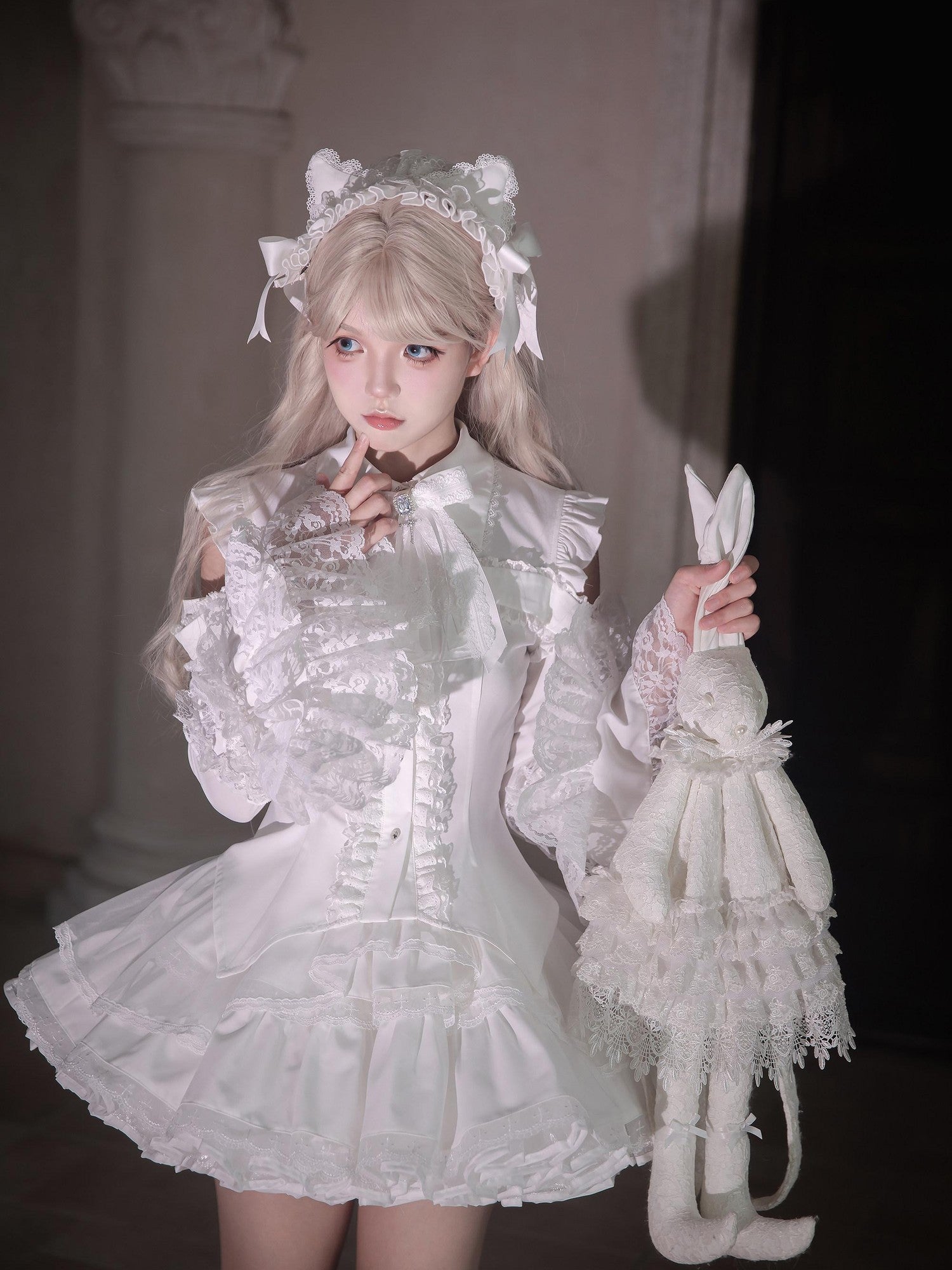 Ekomi Gothic Hime Sleeve A Line Women's White Satin Ribbon Bow Skirt Sets