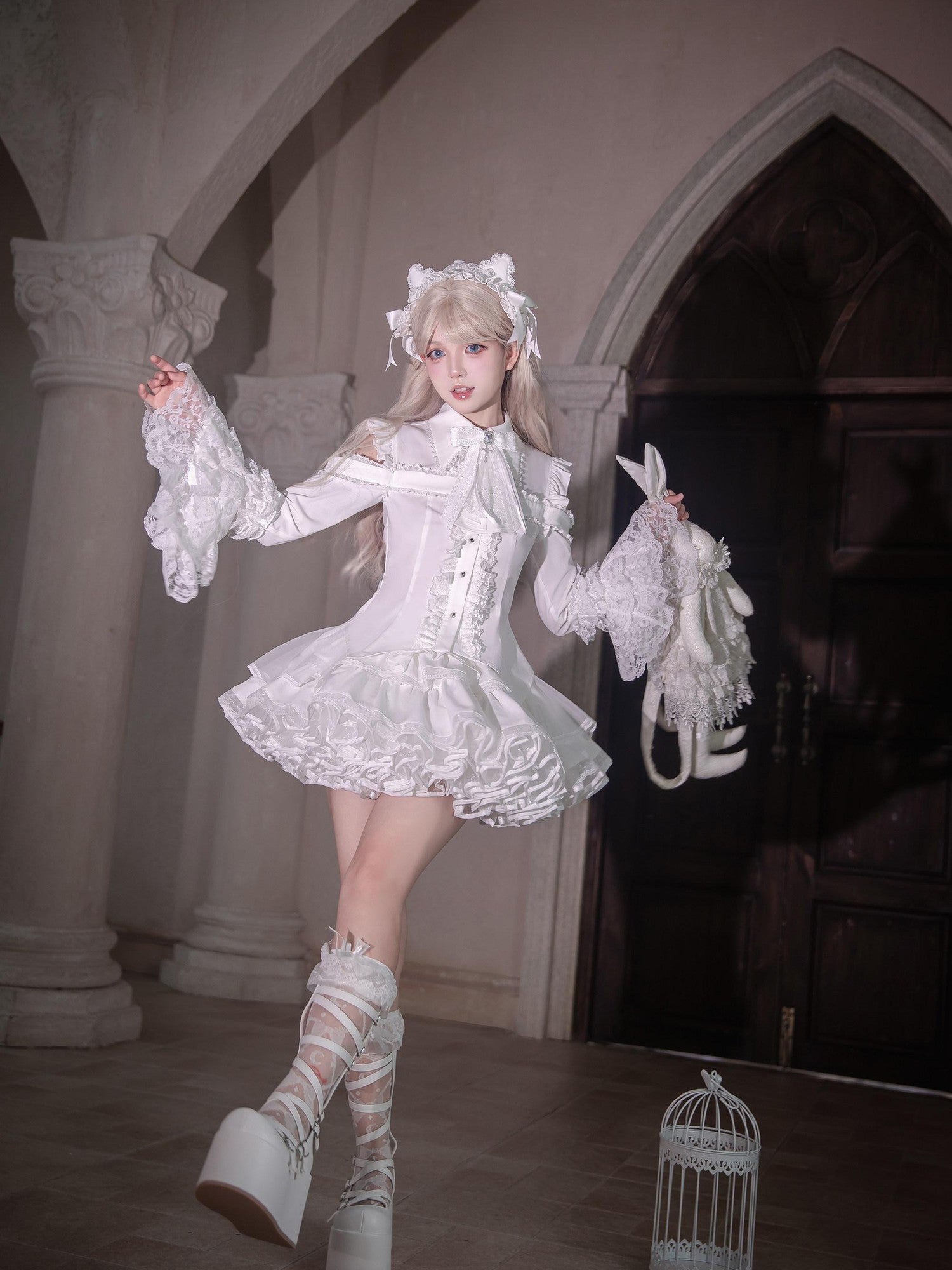Ekomi Gothic Hime Sleeve A Line Women's White Satin Ribbon Bow Skirt Sets