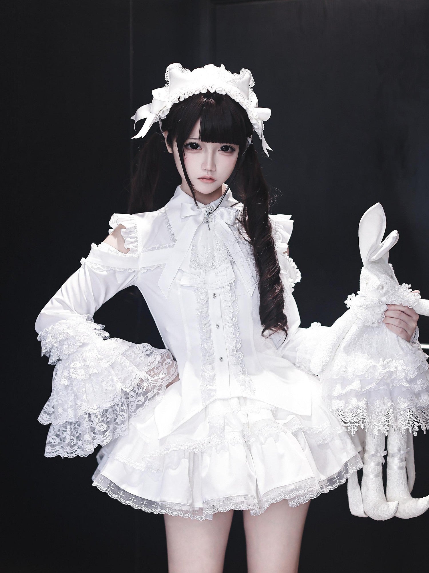 Ekomi Gothic Hime Sleeve A Line Women's White Satin Ribbon Bow Skirt Sets