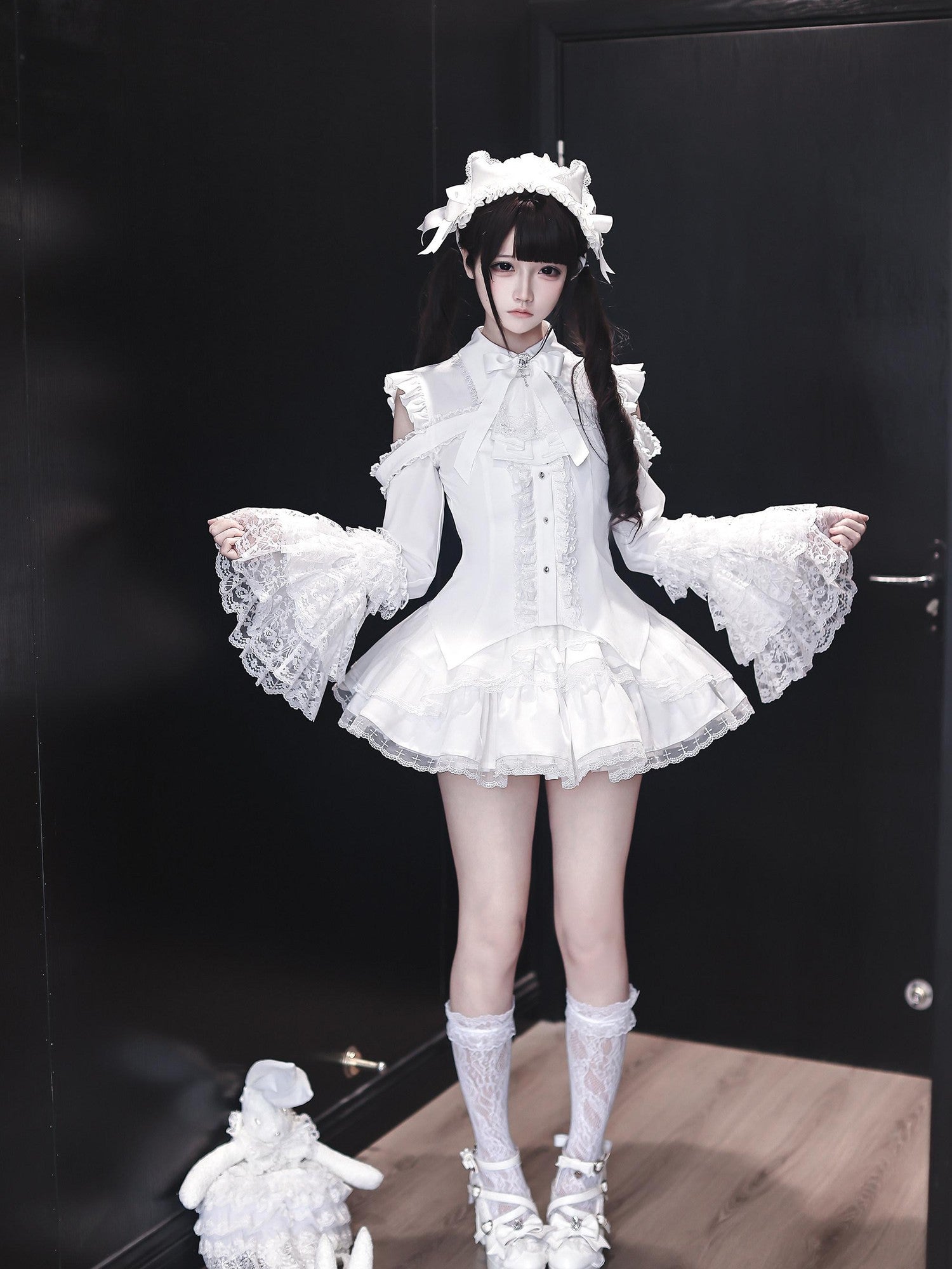 Ekomi Gothic Hime Sleeve A Line Women's White Satin Ribbon Bow Skirt Sets