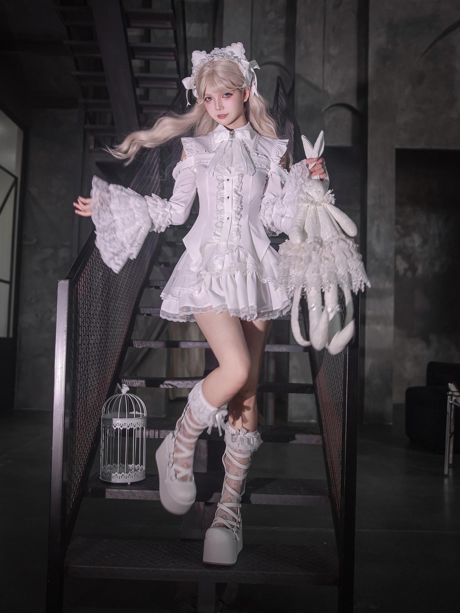 Ekomi Gothic Hime Sleeve A Line Women's White Satin Ribbon Bow Skirt Sets
