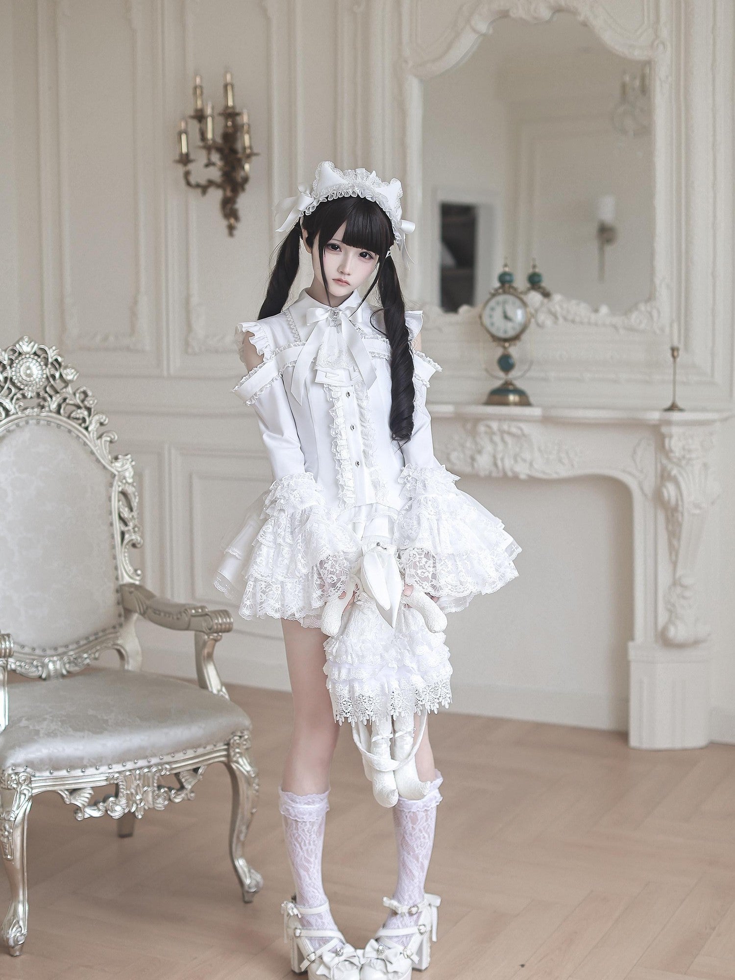 Ekomi Gothic Hime Sleeve A Line Women's White Satin Ribbon Bow Skirt Sets