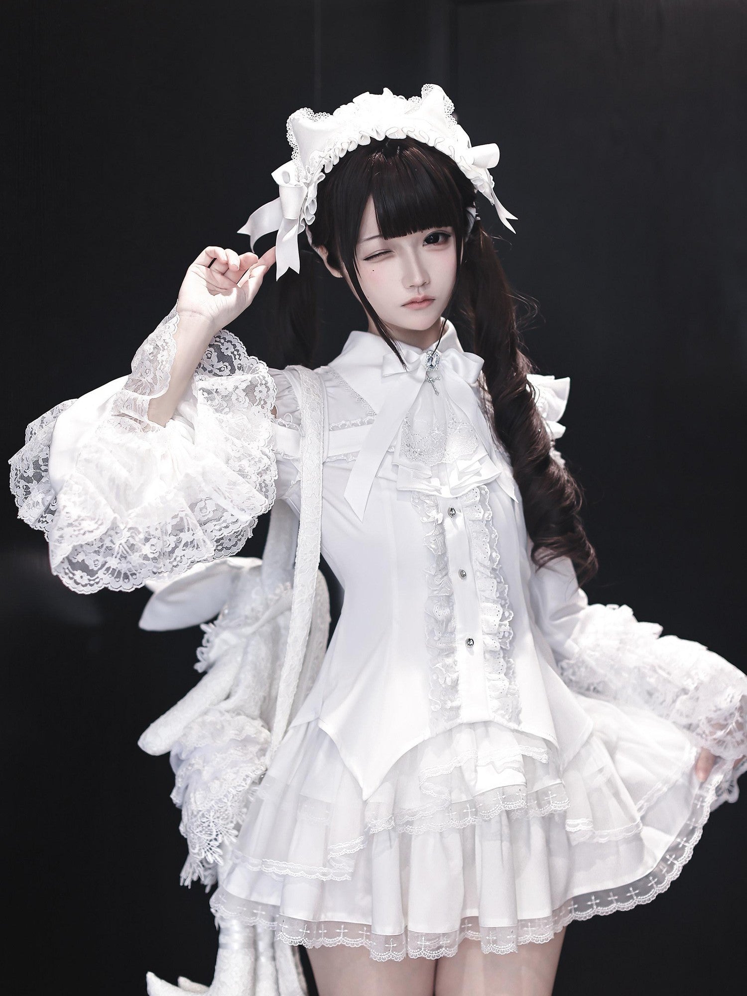 Ekomi Gothic Hime Sleeve A Line Women's White Satin Ribbon Bow Skirt Sets