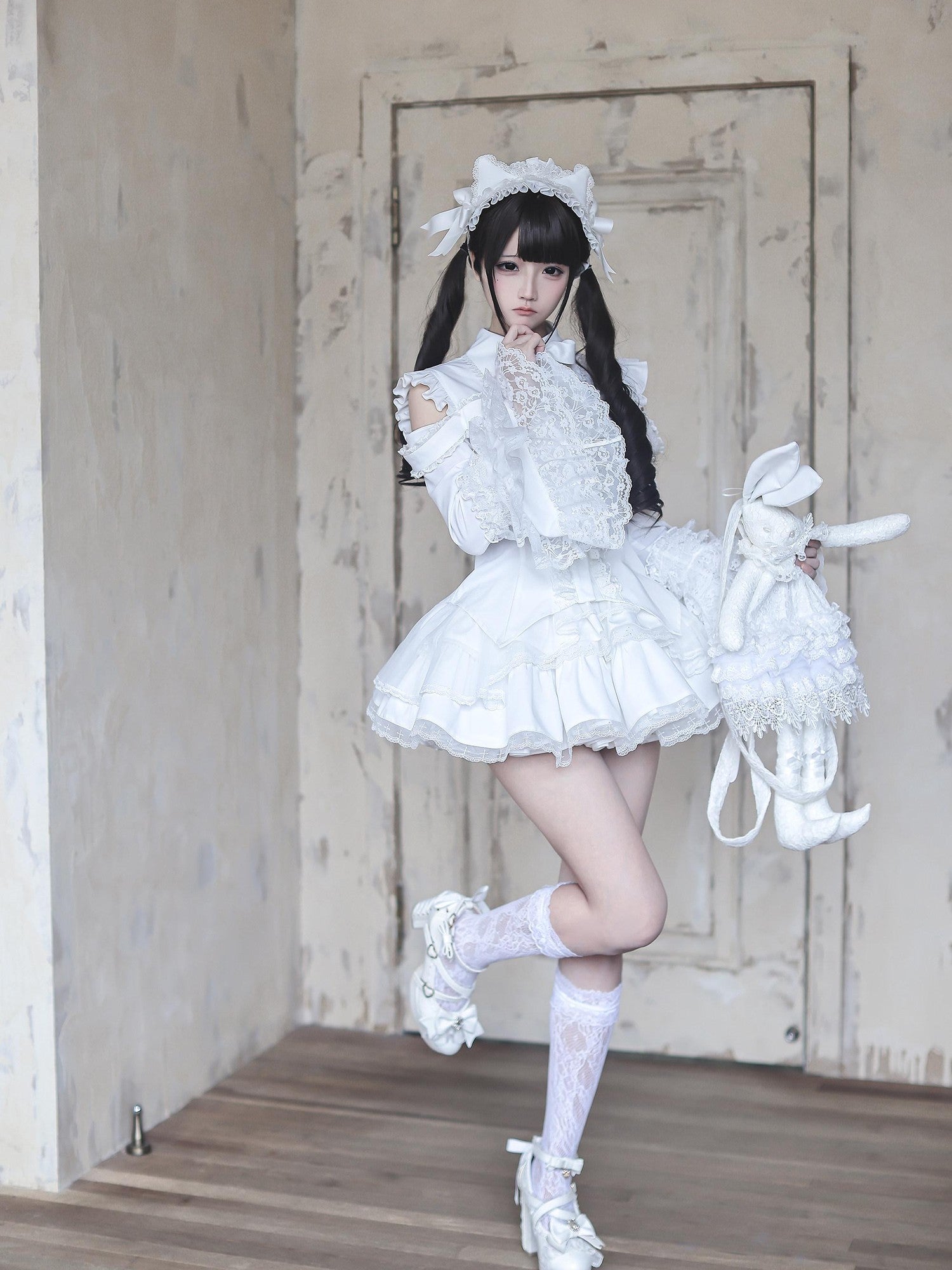 Ekomi Gothic Hime Sleeve A Line Women's White Satin Ribbon Bow Skirt Sets