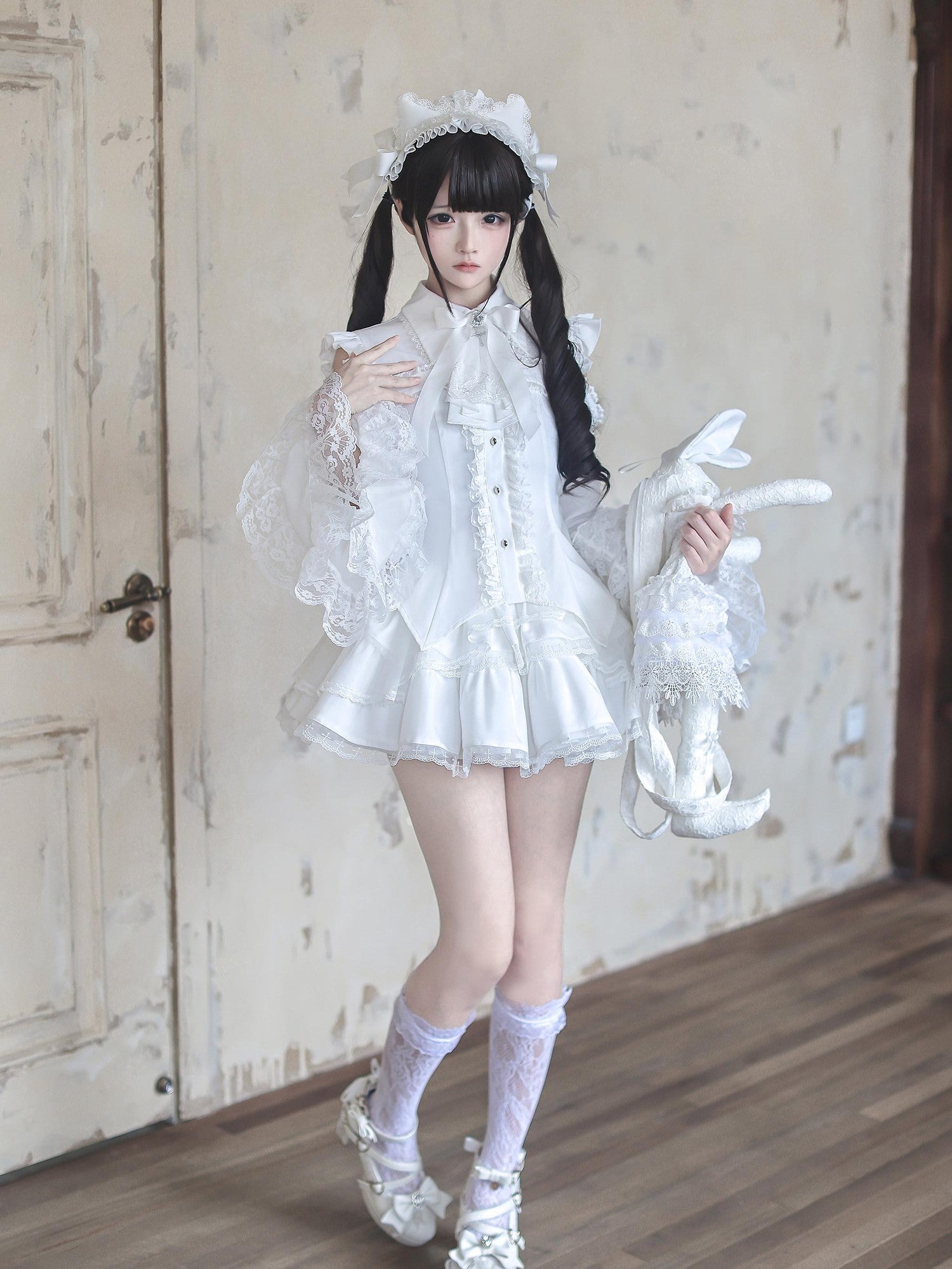Ekomi Gothic Hime Sleeve A Line Women's White Satin Ribbon Bow Skirt Sets