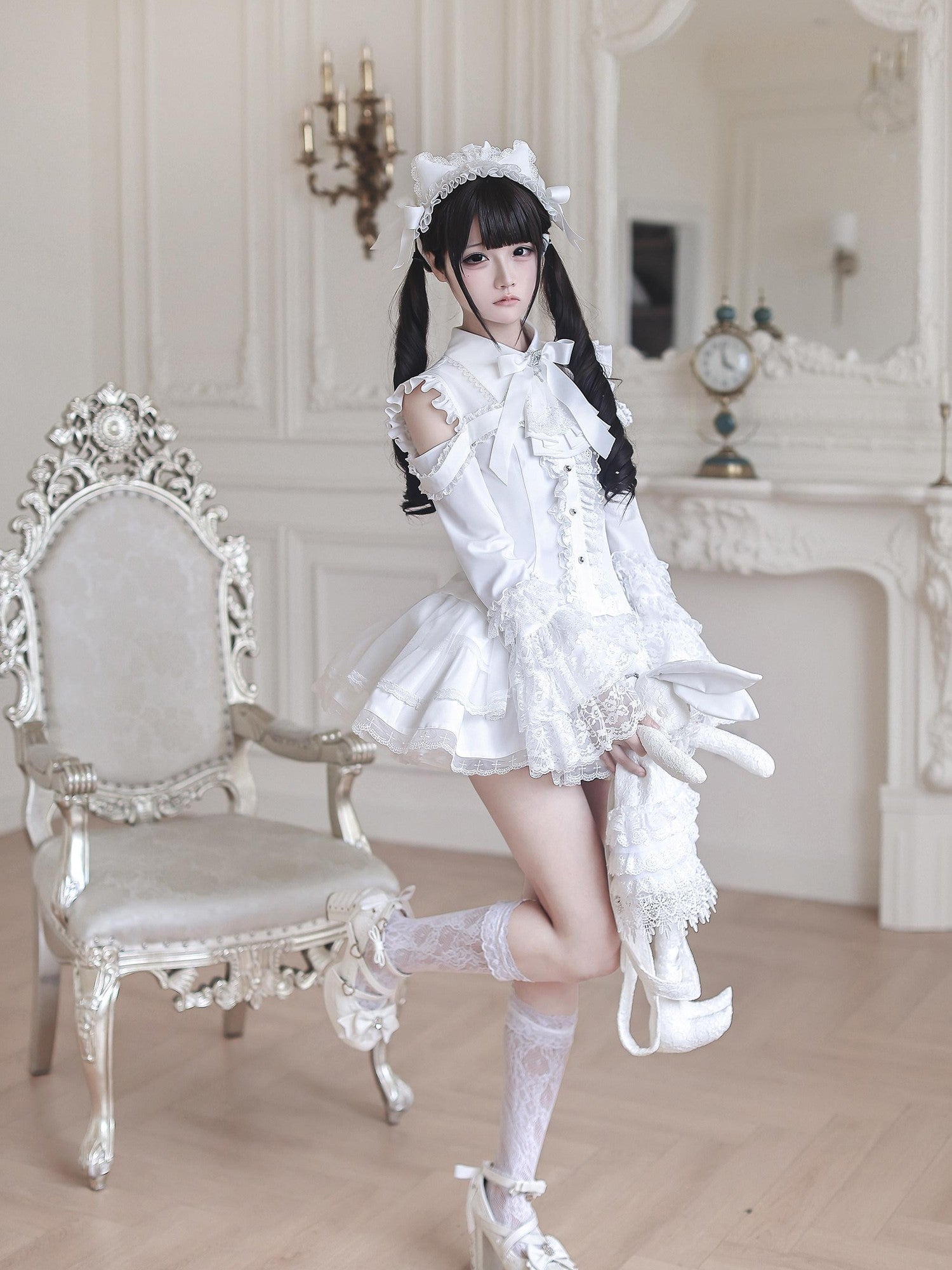 Ekomi Gothic Hime Sleeve A Line Women's White Satin Ribbon Bow Skirt Sets