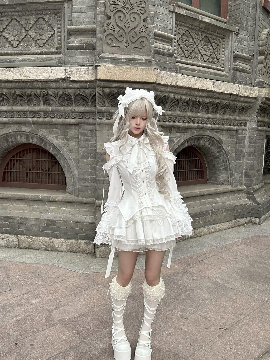 Ekomi Gothic Hime Sleeve A Line Women's White Satin Ribbon Bow Skirt Sets