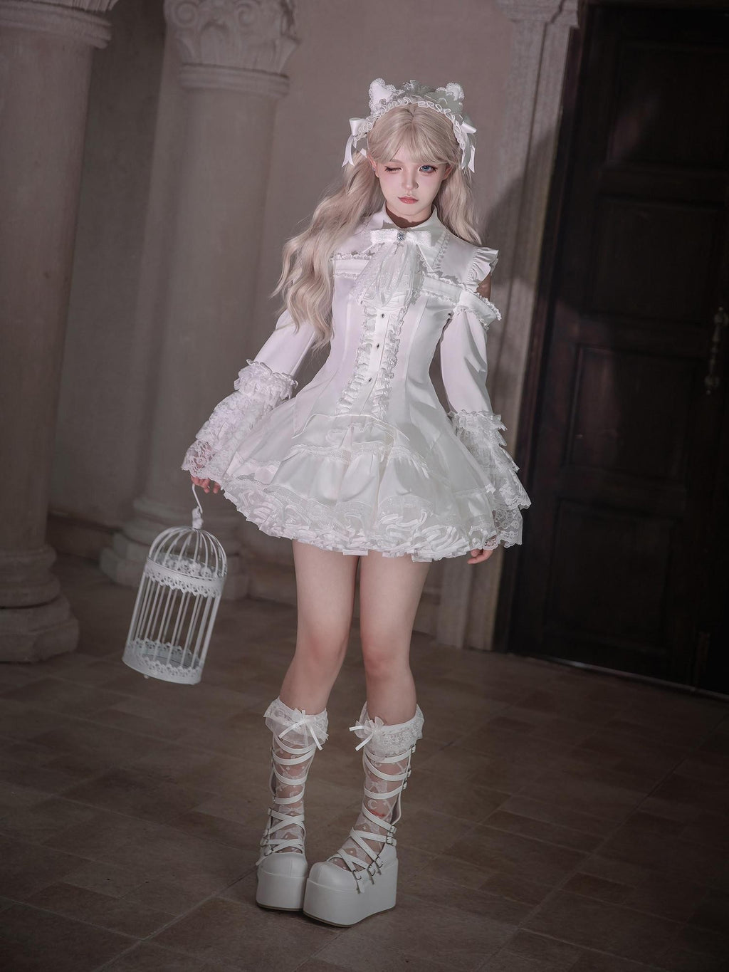 Ekomi Gothic Hime Sleeve A Line Women's White Satin Ribbon Bow Skirt Sets