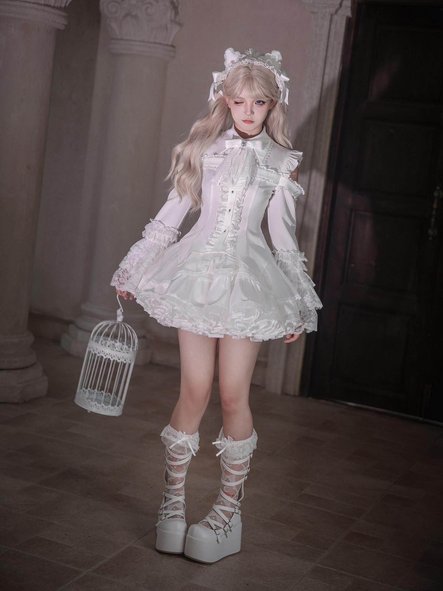 Ekomi Gothic Hime Sleeve A Line Women's White Satin Ribbon Bow Skirt Sets