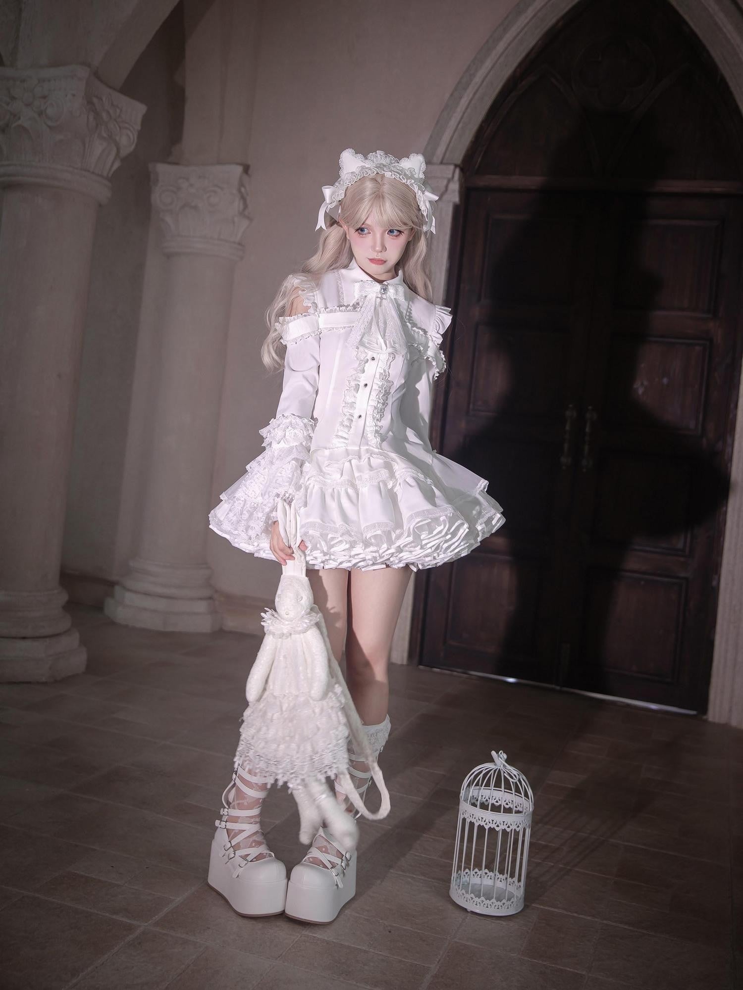 Ekomi Gothic Hime Sleeve A Line Women's White Satin Ribbon Bow Skirt Sets