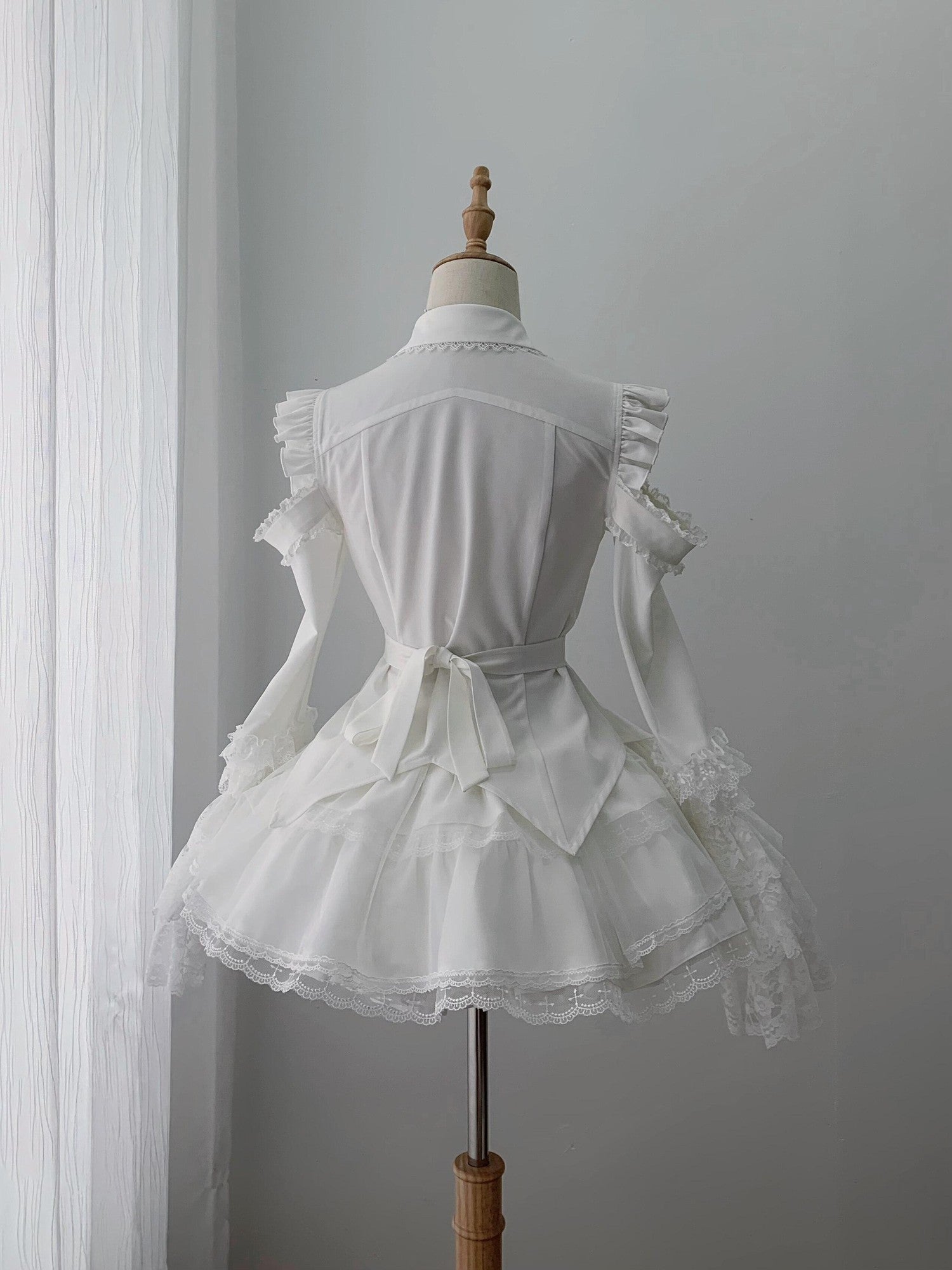 Ekomi Gothic Hime Sleeve A Line Women's White Satin Ribbon Bow Skirt Sets